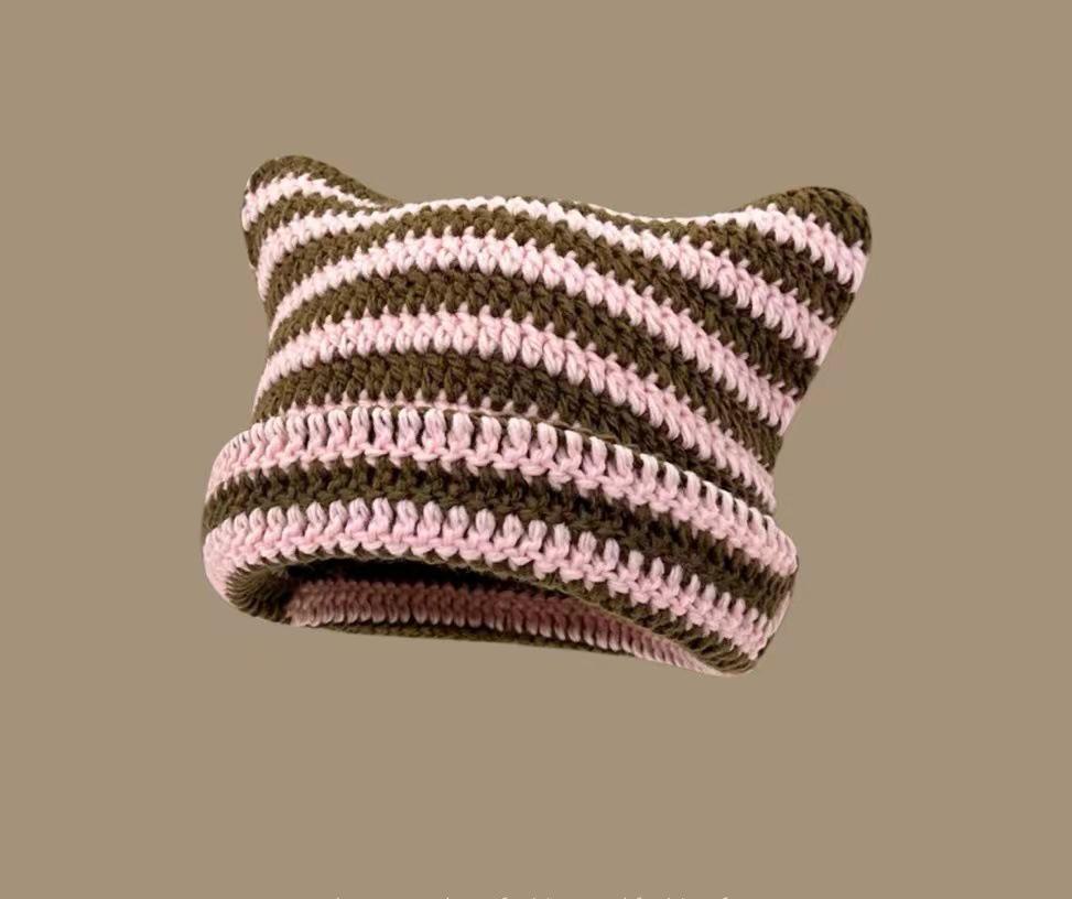 Women's Cute Japanese Cat Ear Wool Hat - Warm & Versatile for Autumn/Winter, Striped, Couple's Pullover Style.