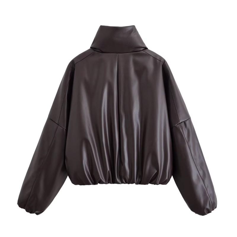 Womens Winter PU Leather Jacket With Oversized Lapel Zipper Front Streetwear Loose Fit Coat
