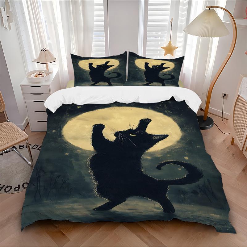 3Pcs Black Cat Moon Night Printed Bedding Set, Breathable And Soft, Machine Washable, Christmas Gift, Suitable for Bedroom Decoration, 15179