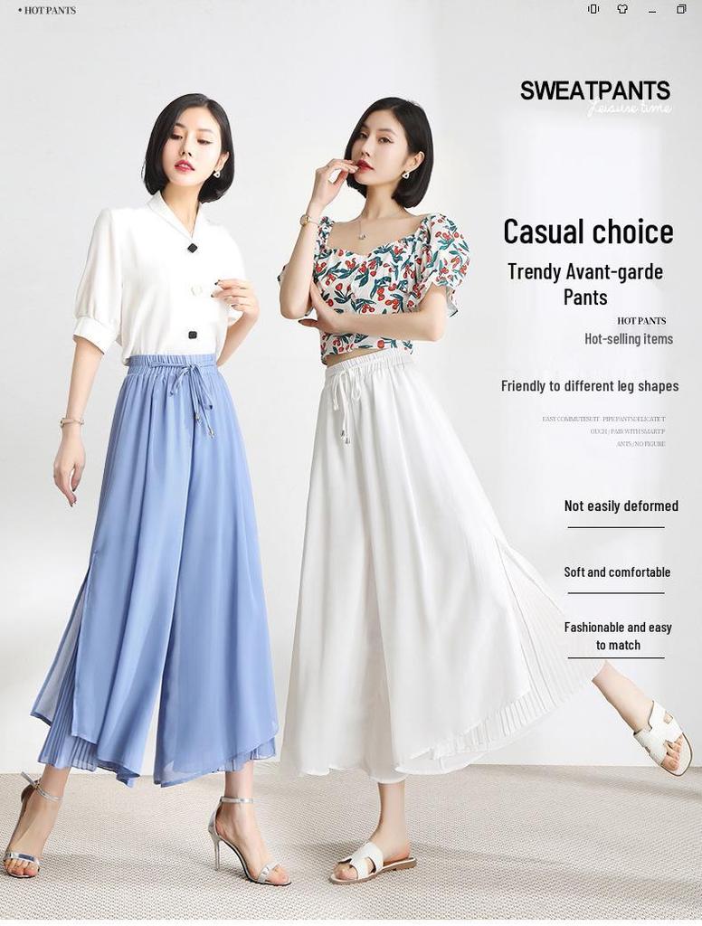 2026 Neuer Stil Damen Chiffon High-Waist Weitbeinige Cropped Hose: Fließender, Drapierter Rockstil, Sommerfertig.
