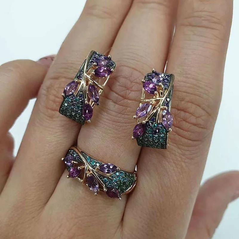 

3pcs Women Luxury Leaf Animal Crystal Ring Earrings Zircon Set Bohemian Flower Zircon Hoop Wedding 6