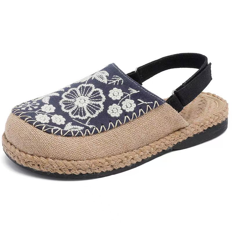 

Женские летние баотуо льняные вышитые сандалии на плоской подошве, нескользящие, дышащие, в этническом стиле, двойного назначения, уличные полуботинки 35 синий