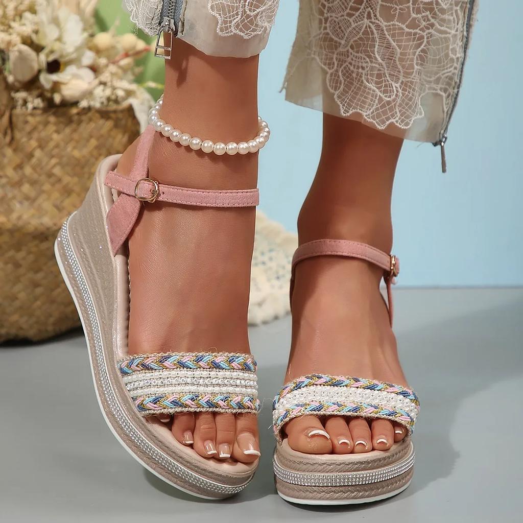 Mode 2025 Übergröße Schuhe Damen Zehenfrei Damen Sandalen Mode Kleidsandalen Damen Floral Schnallenriemen Hohe Keilschuhe Damen