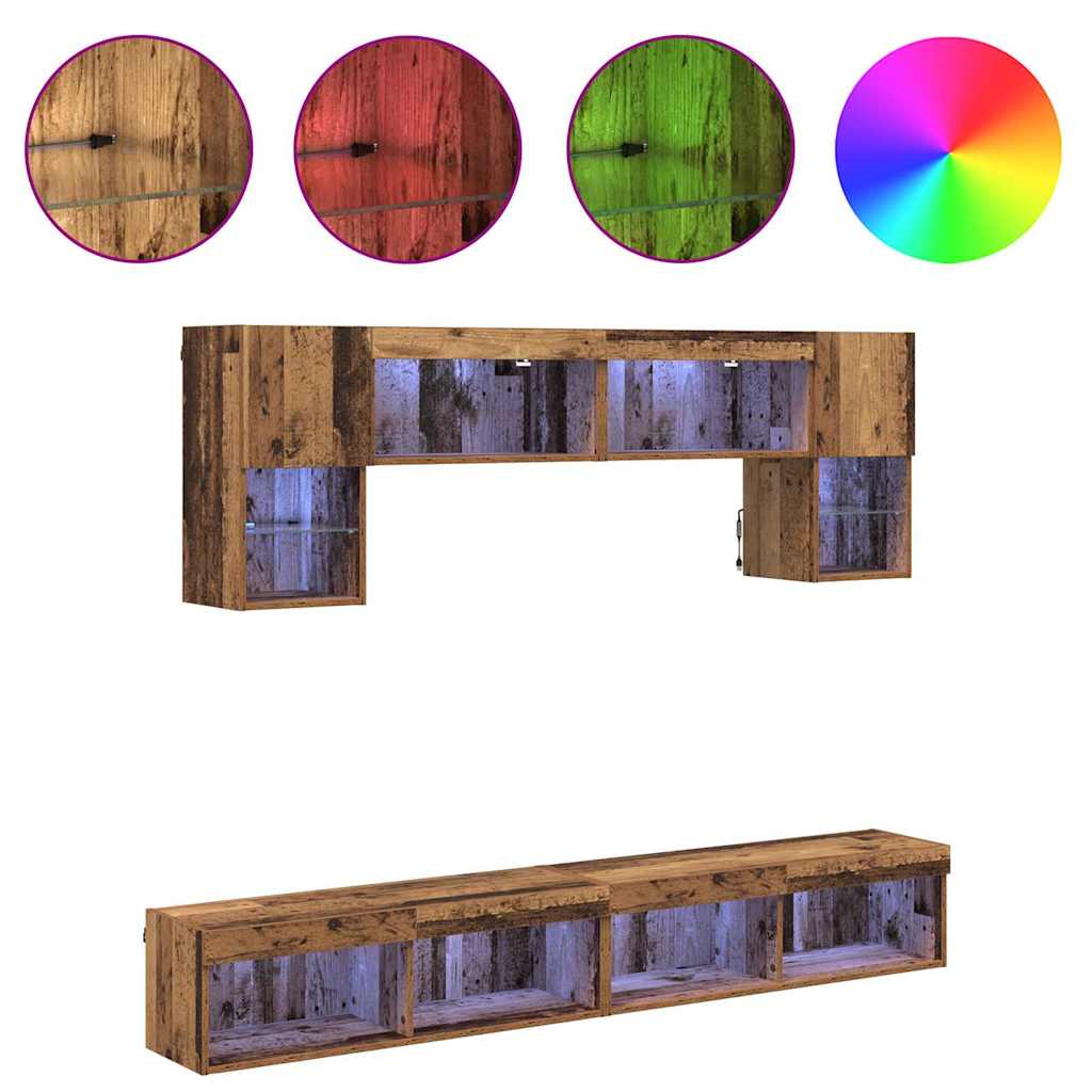 TV Wall Unit with LED 6 pcs Reclaimed Wood Composite