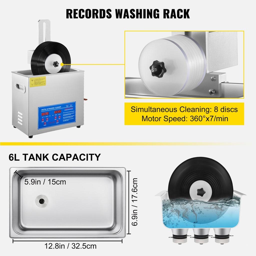 Nettoyeur Ultrasonique 6L Nettoyeur Ultrasonique Vinyle 7-12 Pouces 8 Disques Machine à Nettoyer les Vinyles Ultrasonique 180W Nettoyeur Ultrasonique Disques avec Support de Séchage
