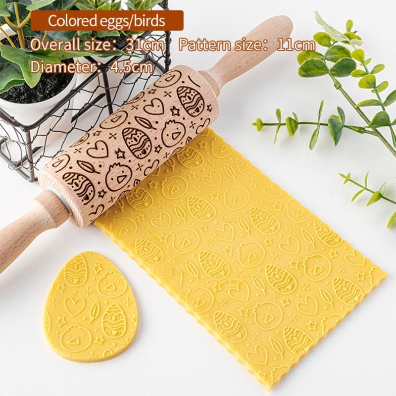 Easter Pattern Rolling Pin Rabbits Carrot Engraved Solid Wood Embossed Cookie Rolling Pin Pastry Dough Flour Roller