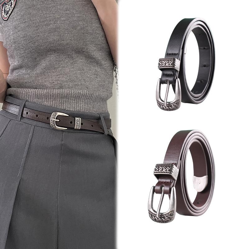 

Women s Retro Distressed Leather Belt with Engraved Metal Buckle for Fashionable Versatile Wear 105 cm чорний