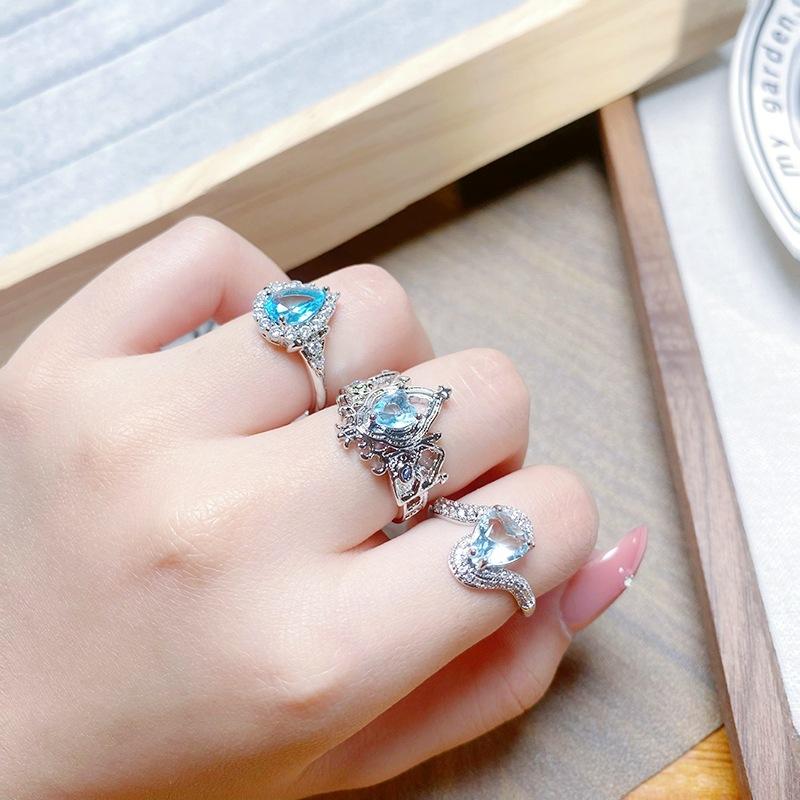 Light Luxury High-End Sea Blue Love Color Treasure Full Of Diamonds Zir*****Pen Ring Niche Exquisite Ring Woman