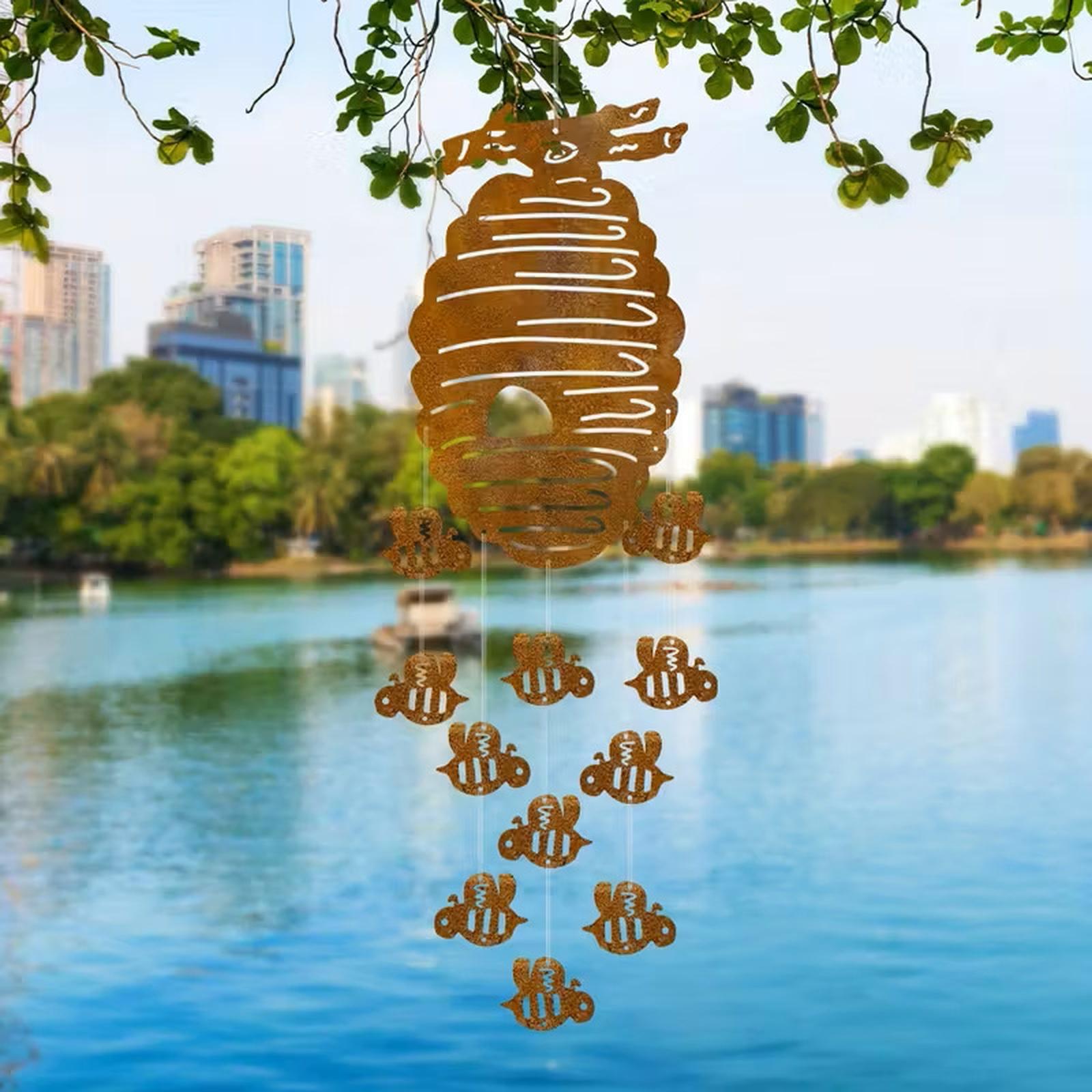 

Metal Beehive Outdoor Hanging Decoration with Bee Silhouette Wind Chimes for Garden Patio Yard Wall Art Ornament Creative Iron Craft one size коричневий