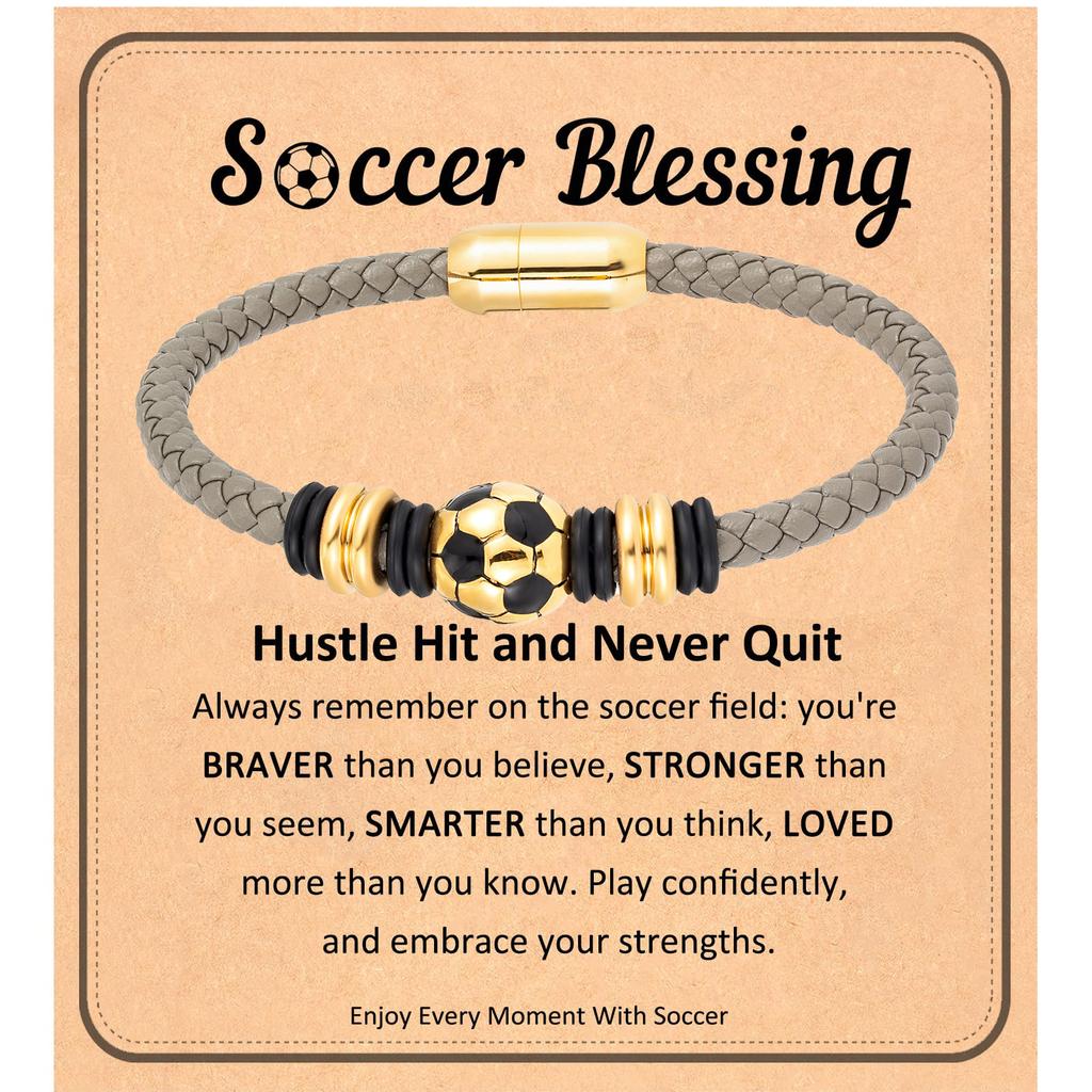 Soccer Bracelet for Boys Men Leather Wristband Gifts for Son with Solid Stainless Steel Soccer Ball Charm, Football Jewelry Gift