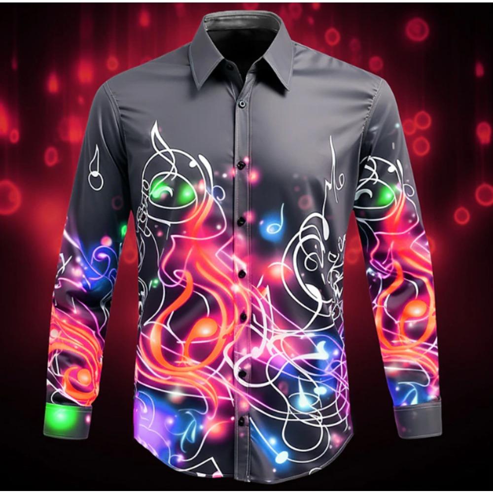 Herren Hemden mit Musiknoten-Print Langarm Lässiger Cardigan Neue Knöpfe Urlaubsmode Hemden