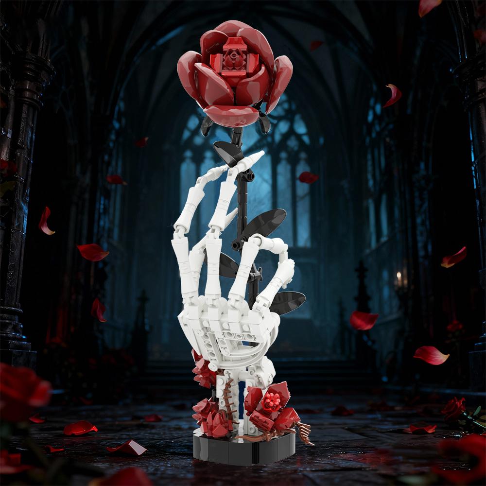 Gothic Skeleton Hand with Rose Building Blocks Macabre Valentines Gift for Adult DIY Dark Romance Decor