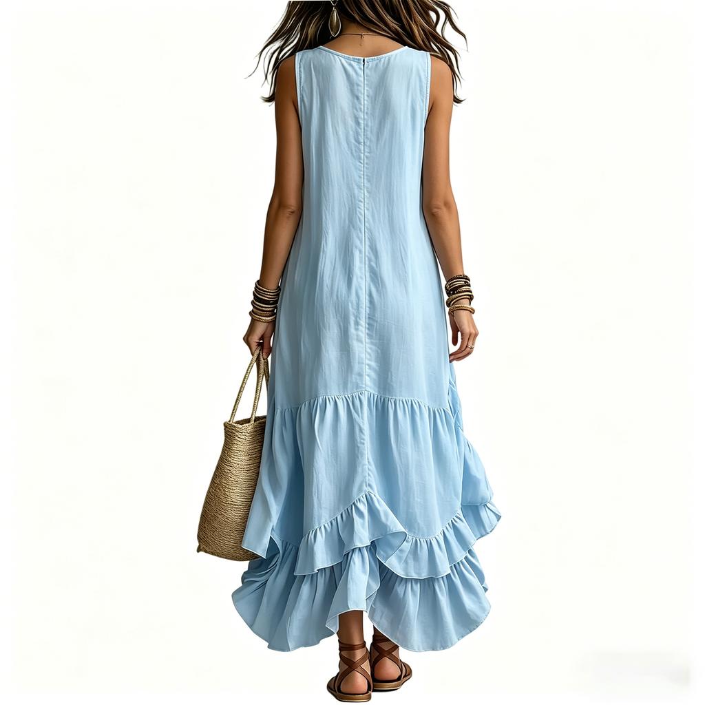 Ladies' Casual Sleeveless Cotton Linen V-neck Big Swing Dress