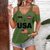 T-shirt Femme Épaules Dégagées Imprimé USA Bretelles à Nouer Manches Courtes Décontracté Haut d'Été Coupe Ample Chemisier Léger pour un Usage Quotidien