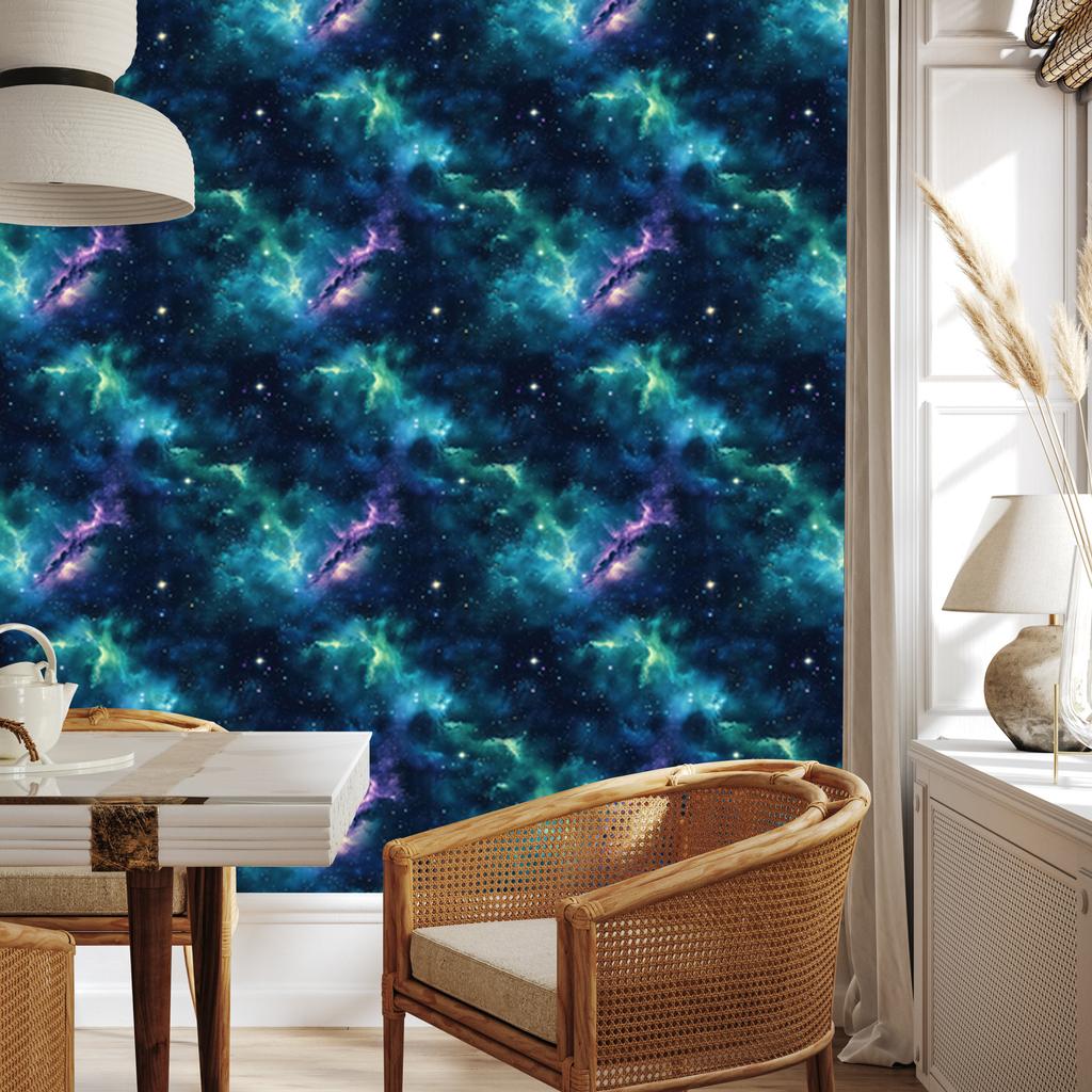 Watercolor Galaxy Wallpaper Navy Blue, Turquoise, Sky Blue and Sea Blue 50x1000