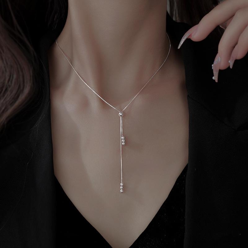 Chic Round Bead Tassel Necklace - Adjustable Clavicle Chain for Women, Cool Internet Celebrity Style Gift