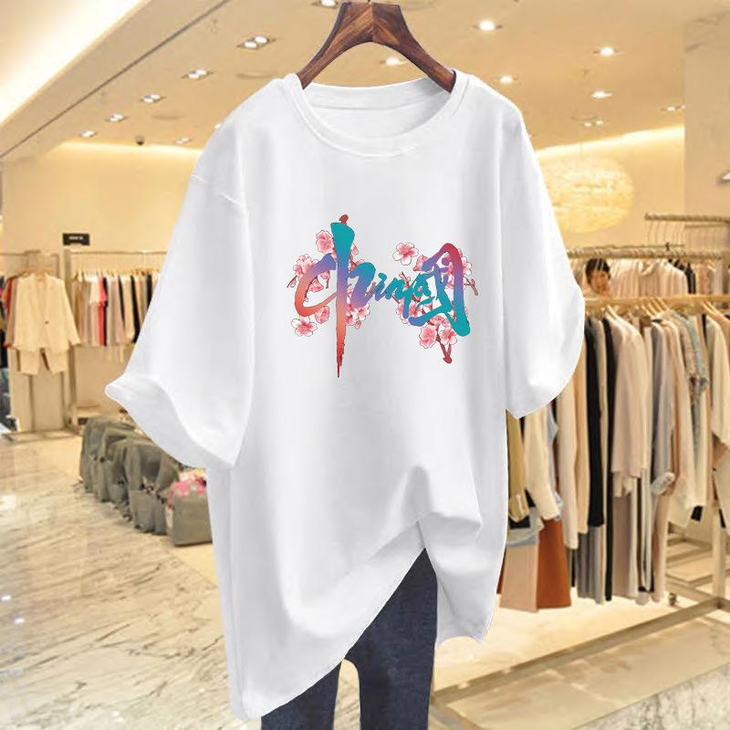 

Pure cotton Chinese short-sleeved t-shirt women s summer 2025 new European goods large version pure cotton loose medium and long butt-covering top S