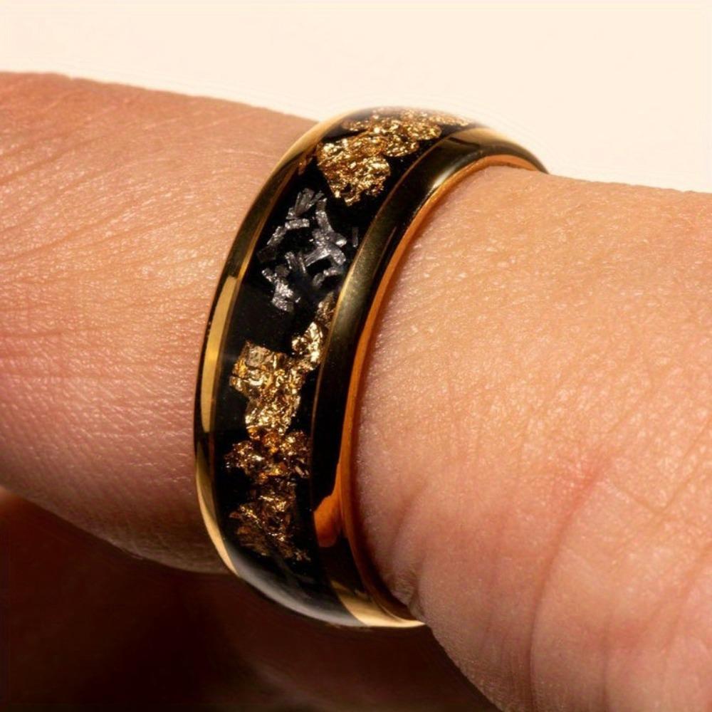 8MM Gold Color Men Stainless Steel Rings Gold Foil Inlay Engagement Wedding Band Jewelry Unique Steel Ring For Gift