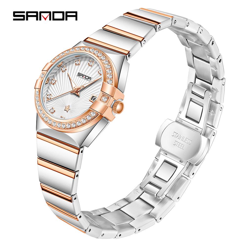 SANDA Women s Lux Quartz Watch: Retro Steel Band, Rhinestone Classic, Calendar, Waterproof