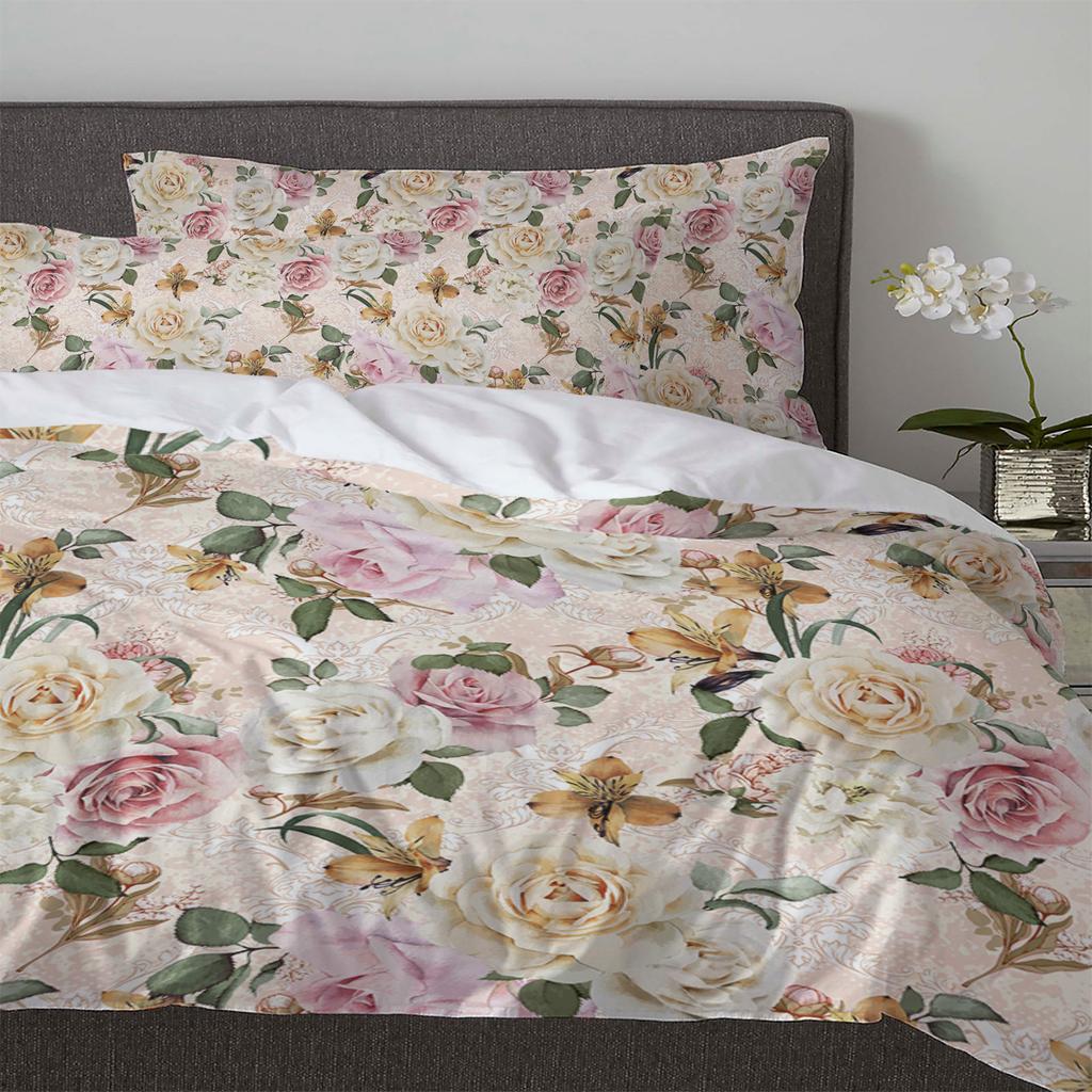 Blumen Blätter Vintage 3-teiliges Bettwäscheset für Doppelbett Heimtextil Bettbezug Steppdeckenbezug Kissenbezug