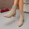 Women 2025 New Elegant Knitted Stretch Fabric Ankle Boots Spring Autumn Pointed Square Heels Sewing Chelsea Boots Women
