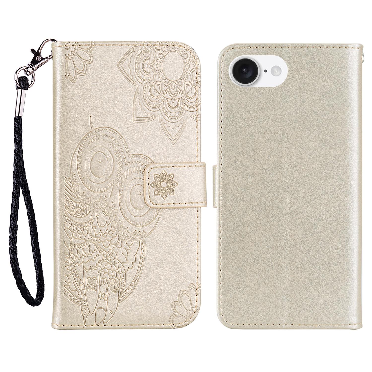 

For iPhone 16e Case Owl Flower Imprinted Leather Cover Wallet with Strap Gold