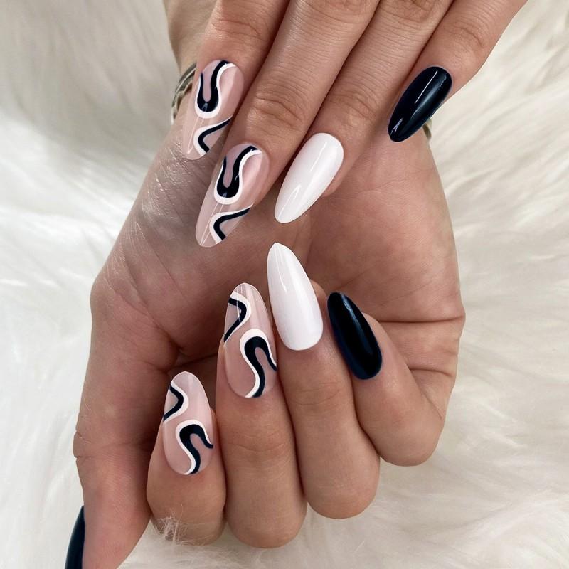 Reusable Press-On Nails With Black Line Design Almond Shape Minimalist Style Gel Glue Or Jelly Adhesive