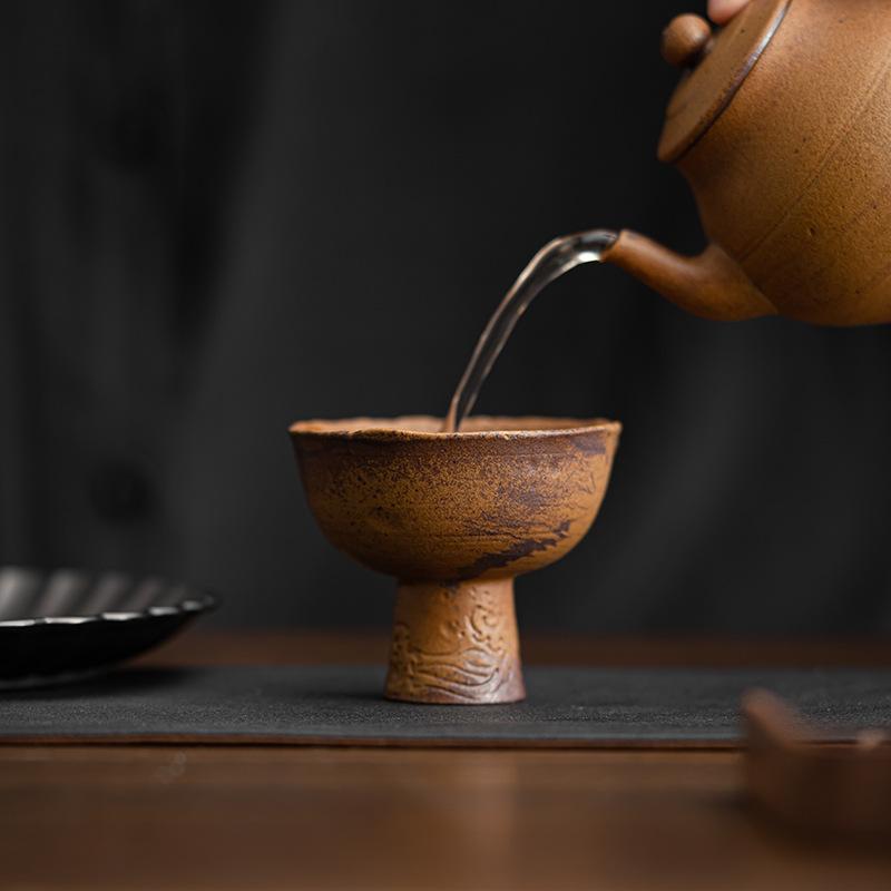 Retro Sauce Glazed Coarse Pottery Teacup Old Rock Mud Master Cup High Feet Meditation Cup Chazhan Mugs Kung Fu Tea Set