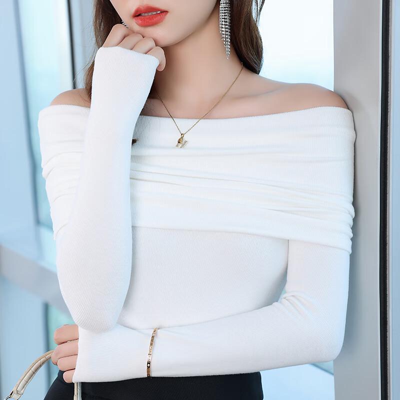 TROMAN Women's Elegant Off-Shoulder Long-Sleeve Knit Sweater