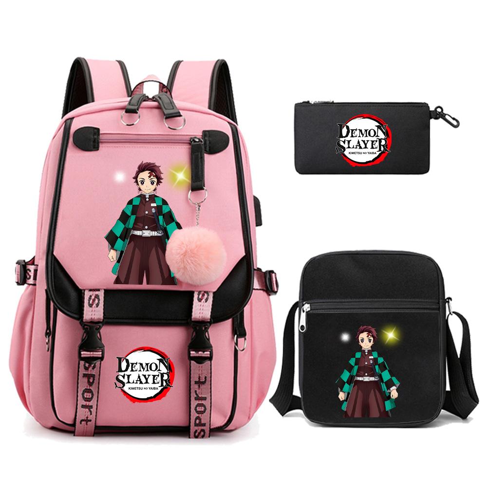 3Pcs/set Cartoon Demon Slayer Printed Backpack with Shoulder Bag for Teenager Student Girl Boy Bookbag Large Capacity Travel Bag