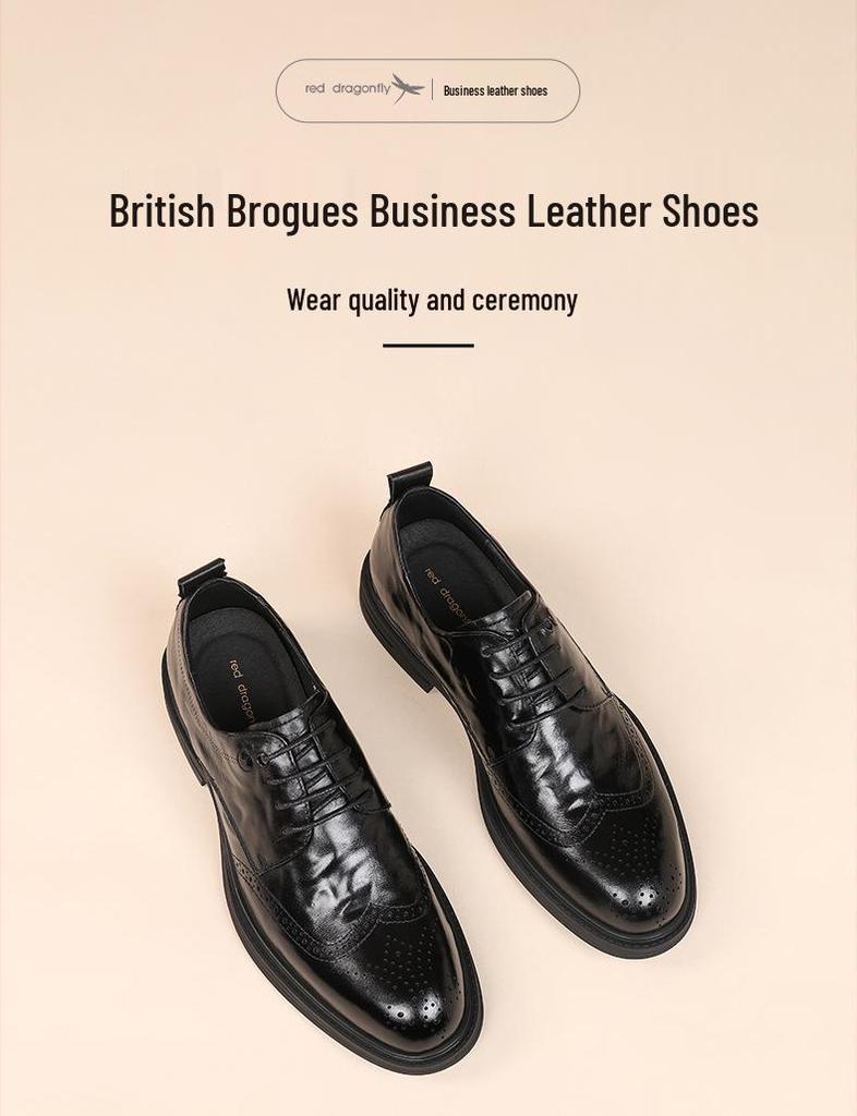 2026 Red Dragonfly Men's Brogue Leather Formal Shoes with Velvet, Genuine Leather, Perforated Design, Ideal for Weddings and Business.