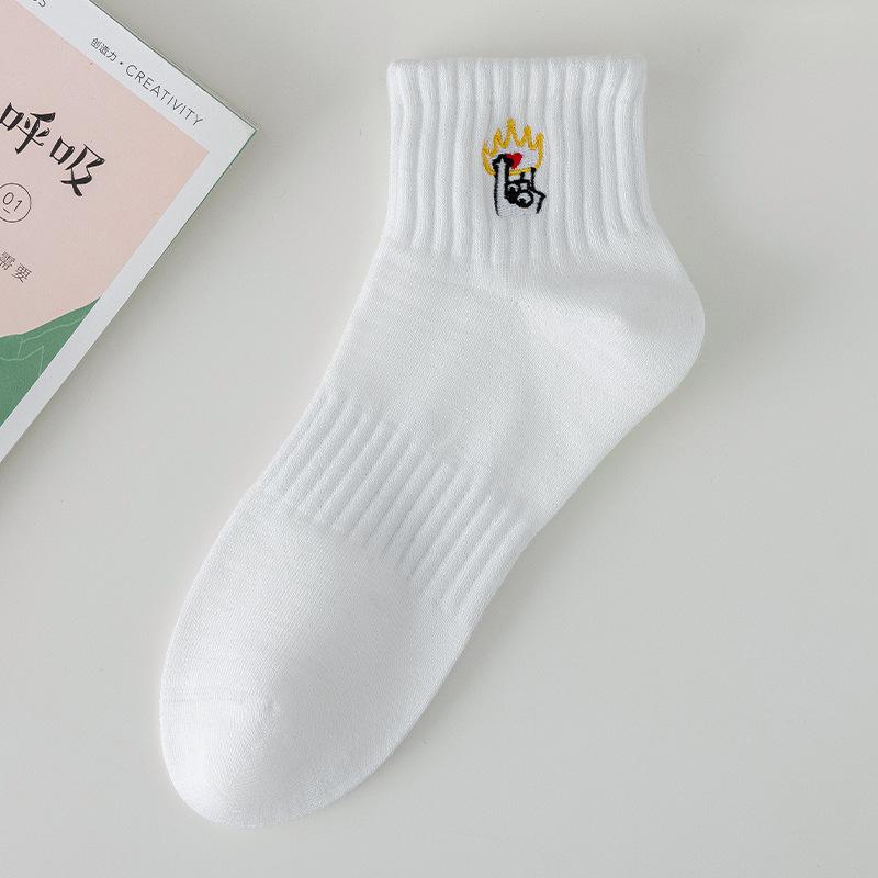Solid Color Cotton Sports Socks for Women, Summer Thin Style for Women, Cartoon Embroidered Fabric Label Boneless White Short Socks