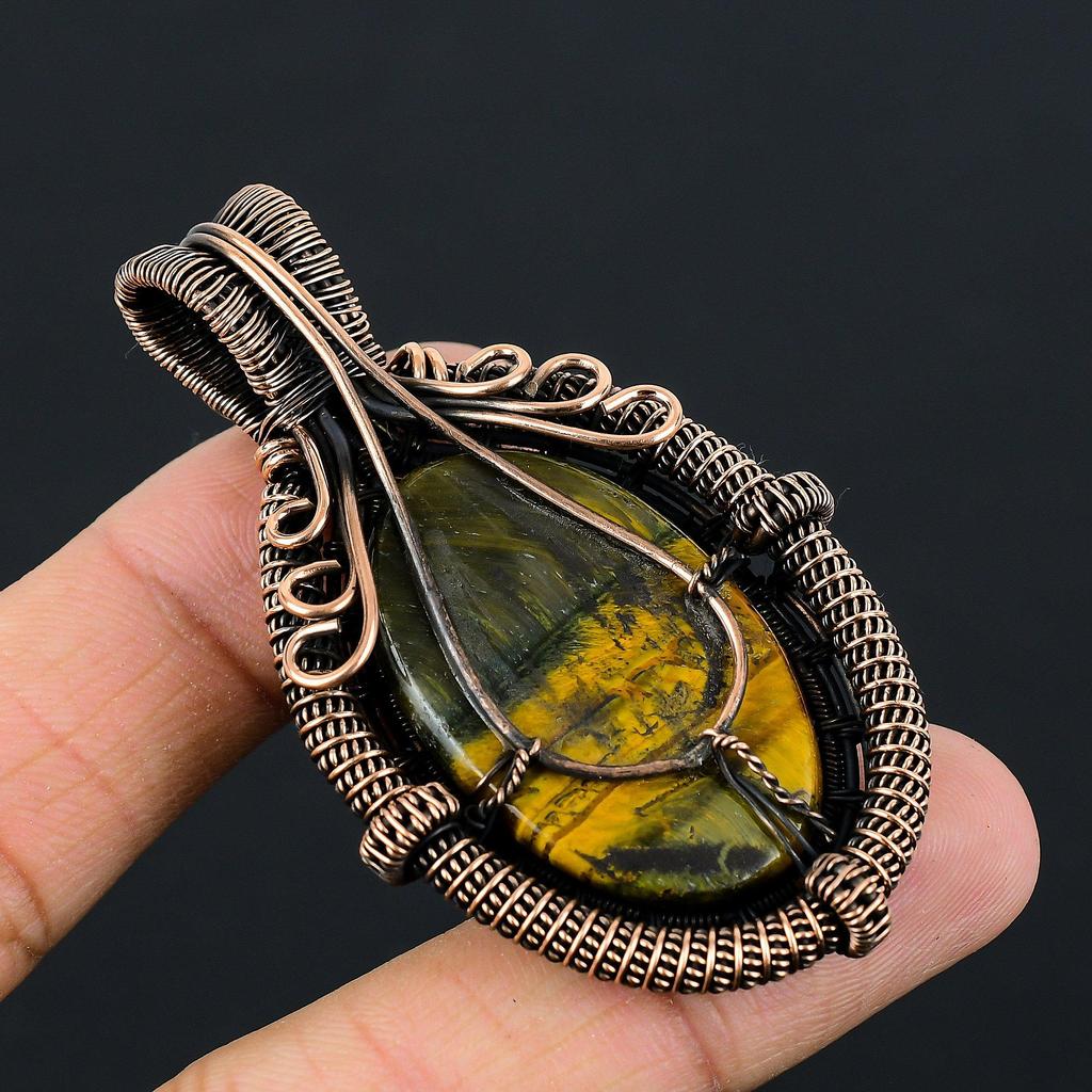 Bumblebee Jasper Gemstone Pure Copper Wire Wrapped Handmade Pendant Jewelry For Gift