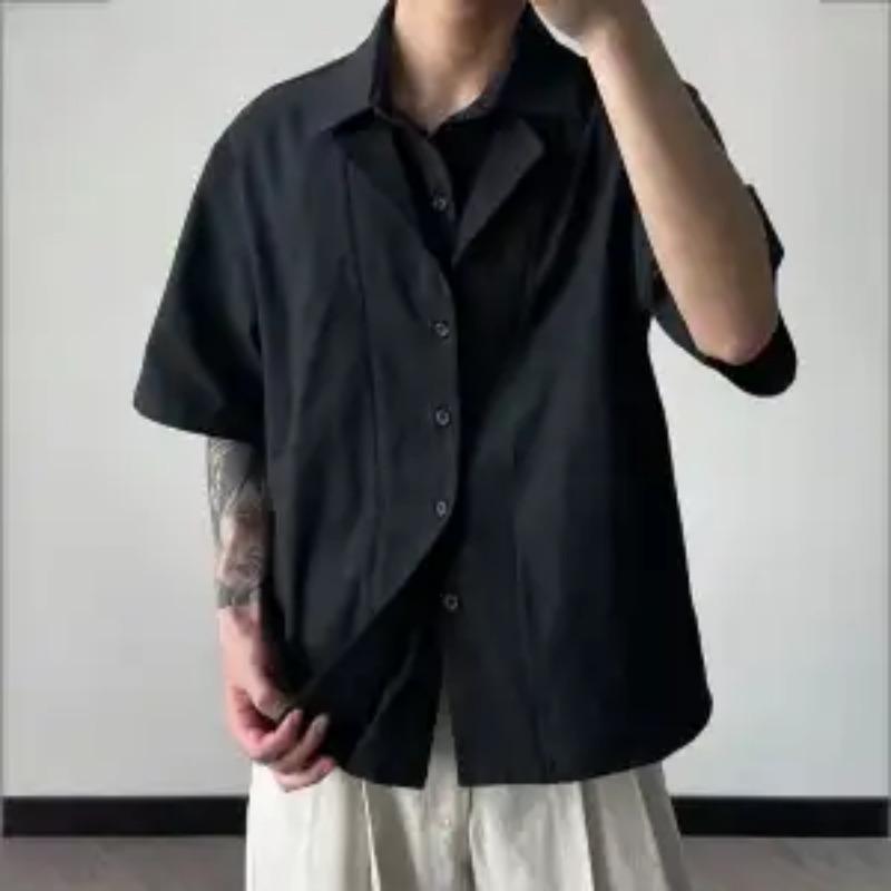 

Летняя мужская однотонная повседневная рубашка с пуговицами, свободная, с коротким рукавом S чёрный
