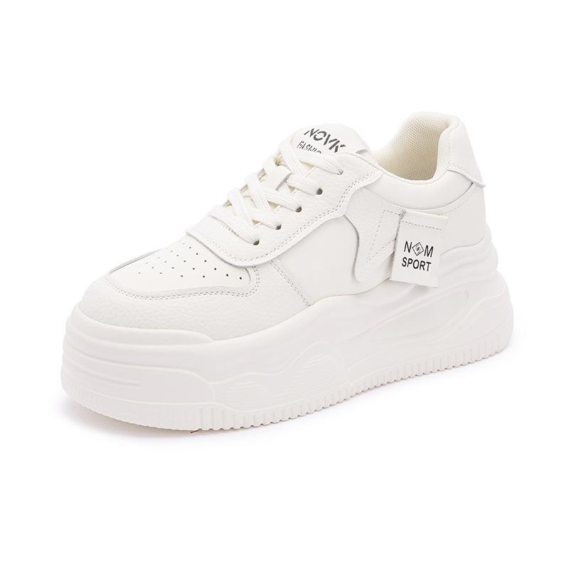 2024 Women's White Genuine Leather Height-Increasing Round Toe Casual Sneakers