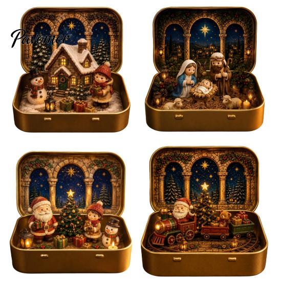 Micro Paesaggio Natalizio da Tavolo Mini Set in Scatola di Latta, Scena Festiva Formato Tascabile Scatola Presepio Portatile con Figure in Miniatura, da Collezione