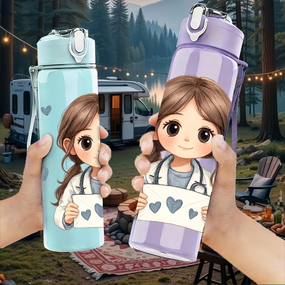 1PC Cute Girl With Heart Cartoon 750ml Color Plastic Sports Water Bottle Leakproof Flip Straw Lid Suitable for Sports Office Home Use