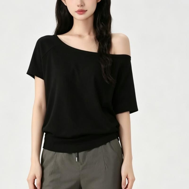 Women's Black T-shirt Ladies' Sloping Shoulders Slimming Short Sleeves Blouse Summer New Female Versatile Korean Version Top