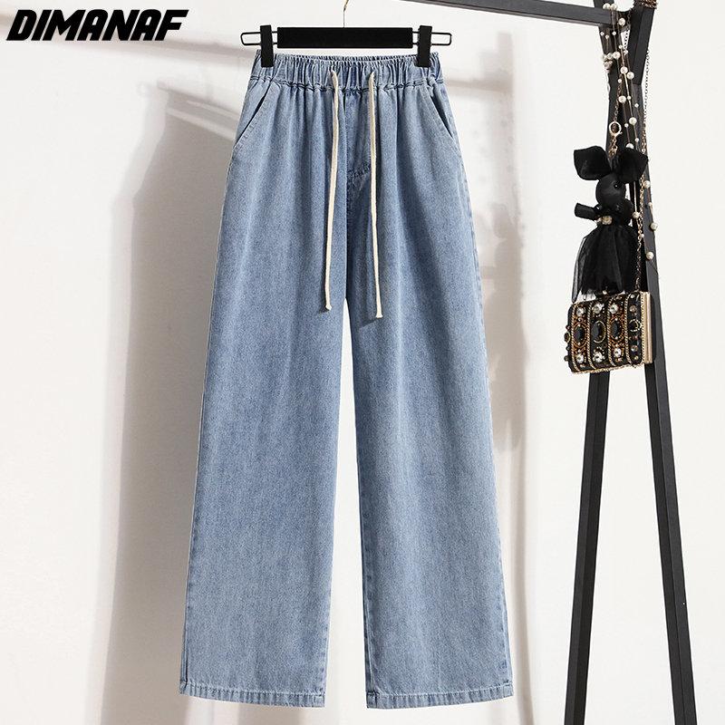 DIMANAF 2024 New Plus Size Jeans Summer Women Basic Elastic Wide Leg Pants Loose Casual Female Blue Trousers Pants 5XL A