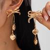 Sweet Cool Diamond Bow Fringed Stud Earrings Female, Wind Metal Chain Love Heart Pendant Earrings