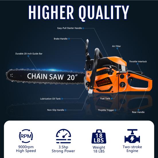 20 Inch Gas Chainsaw, 58CC 2-Stroke Gas Powered Chainsaw, Handheld Cordless Chainsaw, High-Power Logging Saw for Wood Cutting and Tree