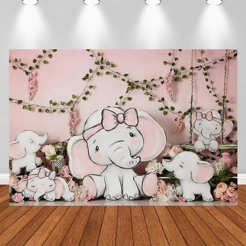 LS Photography Background Cute Elephant Bow Floral Decor Baby Shower Birthday Cake Smash Kids Portrait Photo Backdrop Studio