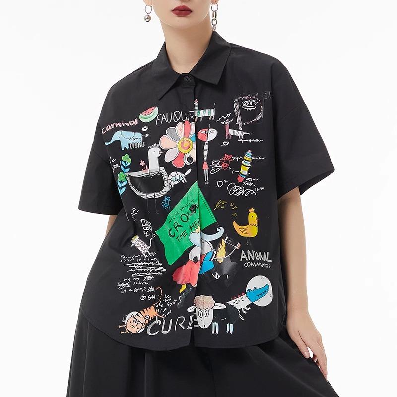 DIMANAF 2024 Plus velikost Nová halenka v letním stylu Vintage Retro design Krátký rukáv Barevný potisk Ležérní košile Ženy Volná košile s potiskem