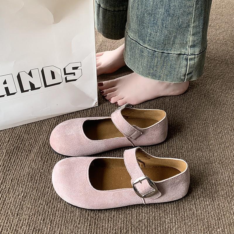 Fashion 2025Retro Genuine Leather Shallow Mouth Straight Strap  Jane Single Toe Layer Cowhide Soft Leather Sole Versatile Leather Shoes