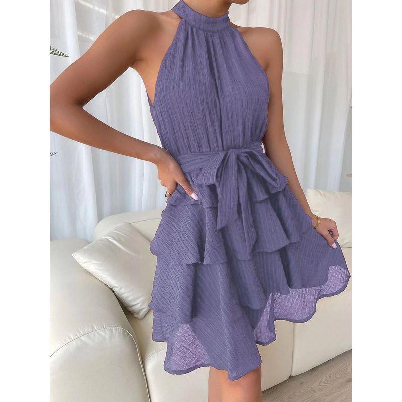 

off-Shoulder Dress Fashion Wind Blue Dress Halterneck Purple XL