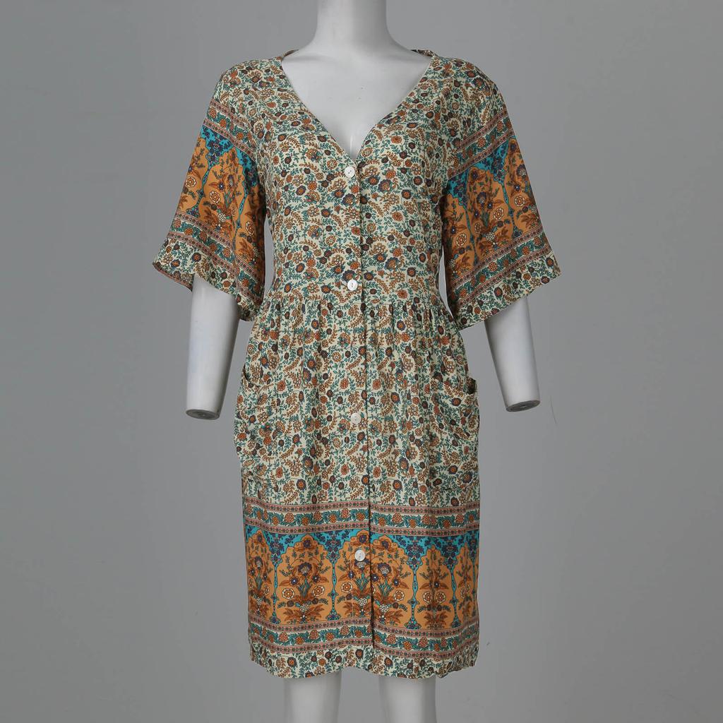 Damen Böhmisches Kleid Sommer V-Ausschnitt Kurzarm Geblümt Bedruckt Knopfleiste Lässige Kleider Mit Taschen Weiß