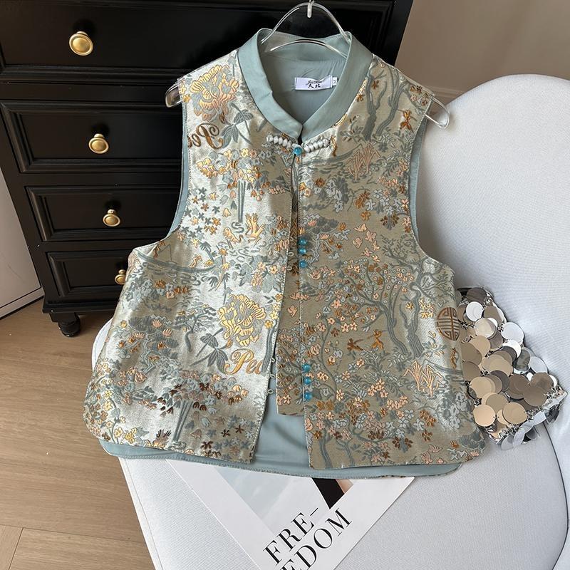 

Вышитый жилет женский 2025 ретро на пуговицах без рукавов жилет топ 3XL ([Recommended 138-75kg])