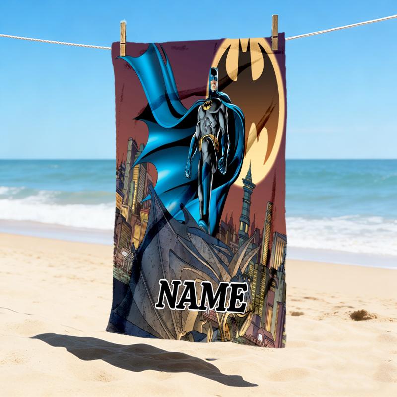 Custom Name Batman Cityscape Stylish Digital Printing Beach Towel Quick‑Drying Absorbent Blanket for Beach Pool Gym Travel