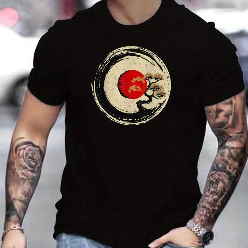 

European sizes Bonsai Tree Graphic Print, Men s Casual Comfy Short Sleeve Round Neck T-Shirt For Daily And Outdoor Wear S