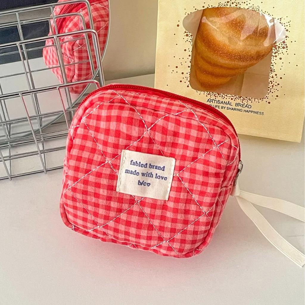 Quilted Cotton Ladies Small Storage Bags Purse Pillow Female Makeup Pouch Case Handbags Contrast Color Plaid Women Cosmetic Bag